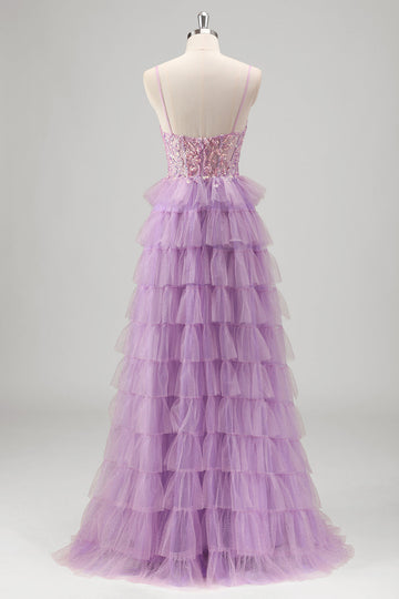 Glitrende A Line Lagdelt Lilac Pailletter Gallakjole med slids